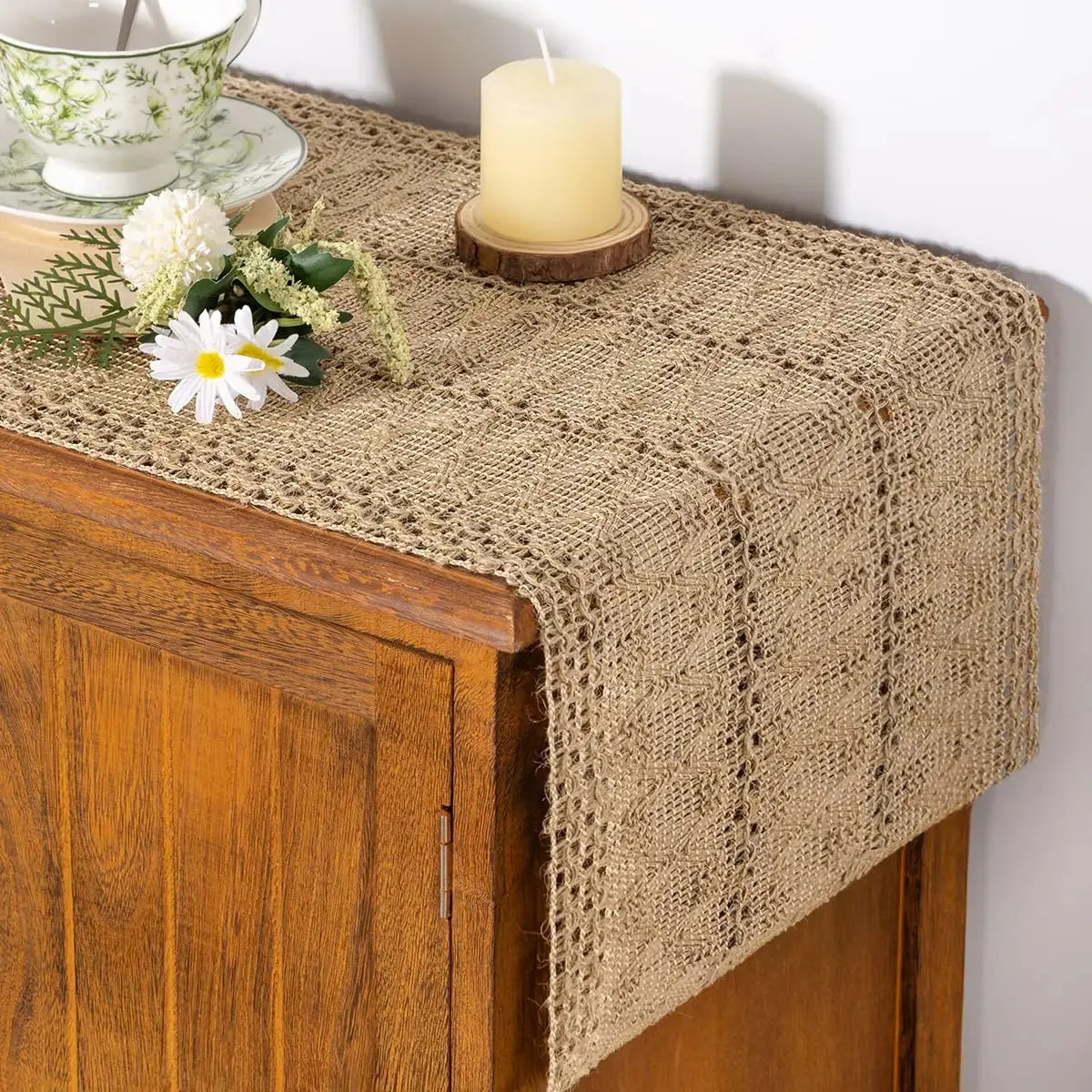 Burlap Small Table Runner Boho Rustic Macrame Spring Easter Jute Vintage Farmhouse Coffee Table Dresser Scarf for Dining Room