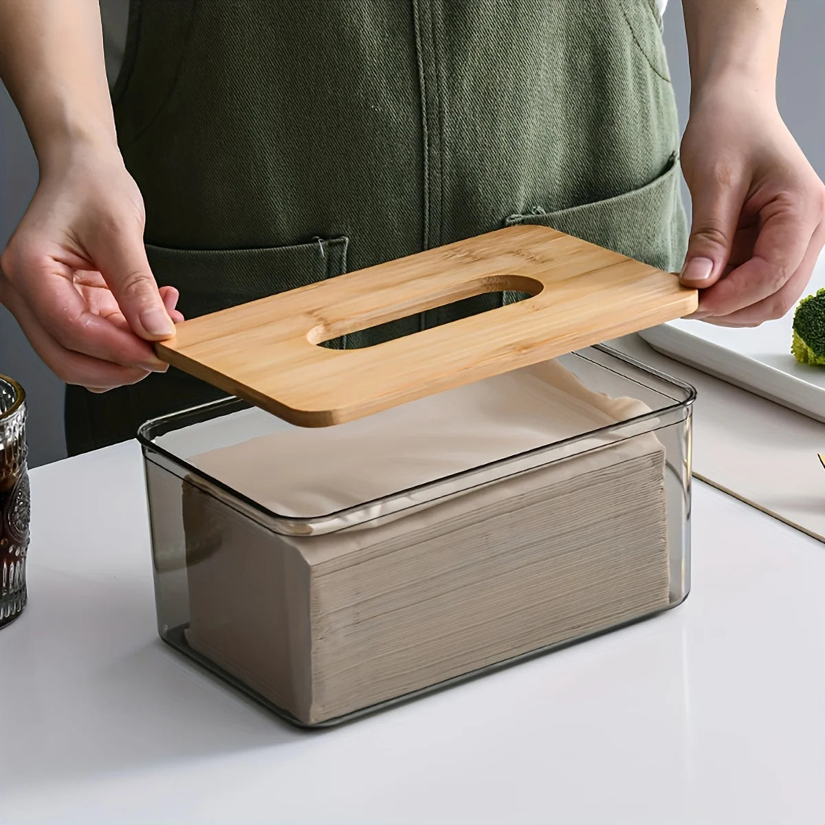 1pc-Multifunctional Tissue Holder Paper Box With Bamboo Cover Transparent Container Living Room Bedroom Tissue Storage Box