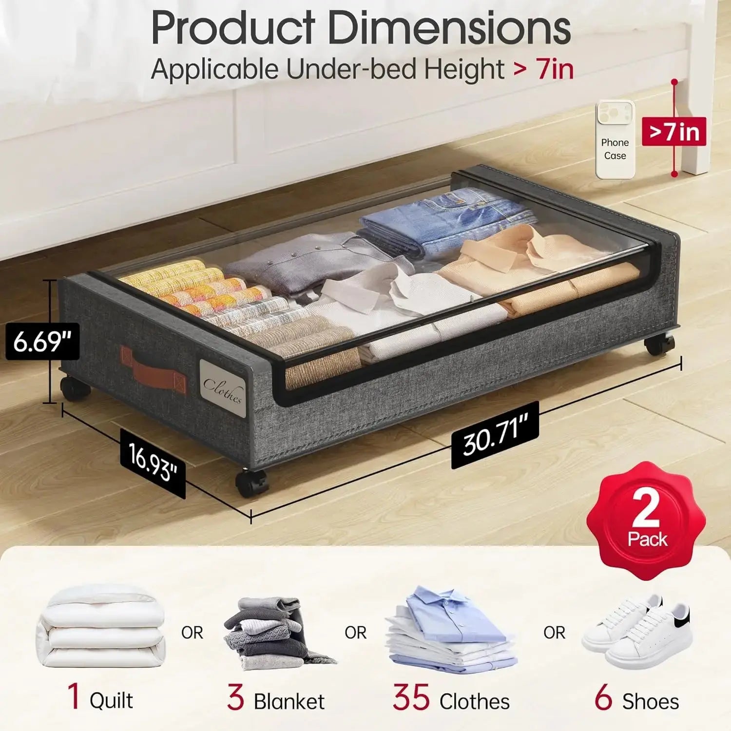 Under Bed Storage with Lockable Wheels Visible Window Under Bed Metal Drawers Large capacity Zipper Closure Home Organization