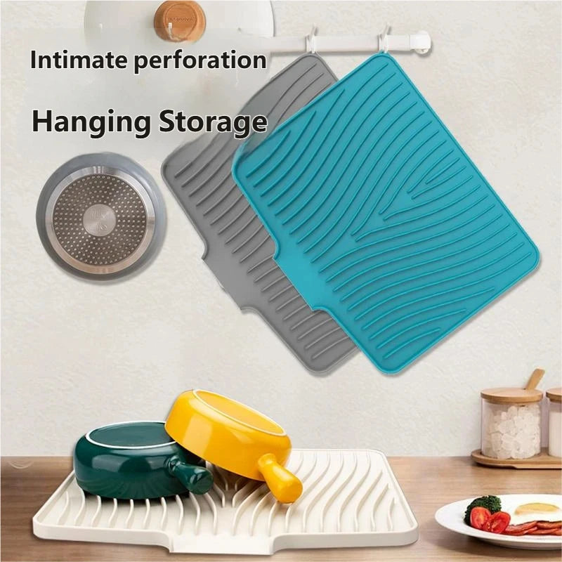 Silicone Dish Drying Mat For Kitchen Counter, Dish Drying Pad Non-slip Drain Pad With Built-in Drain Heat Resistant Drying Mat