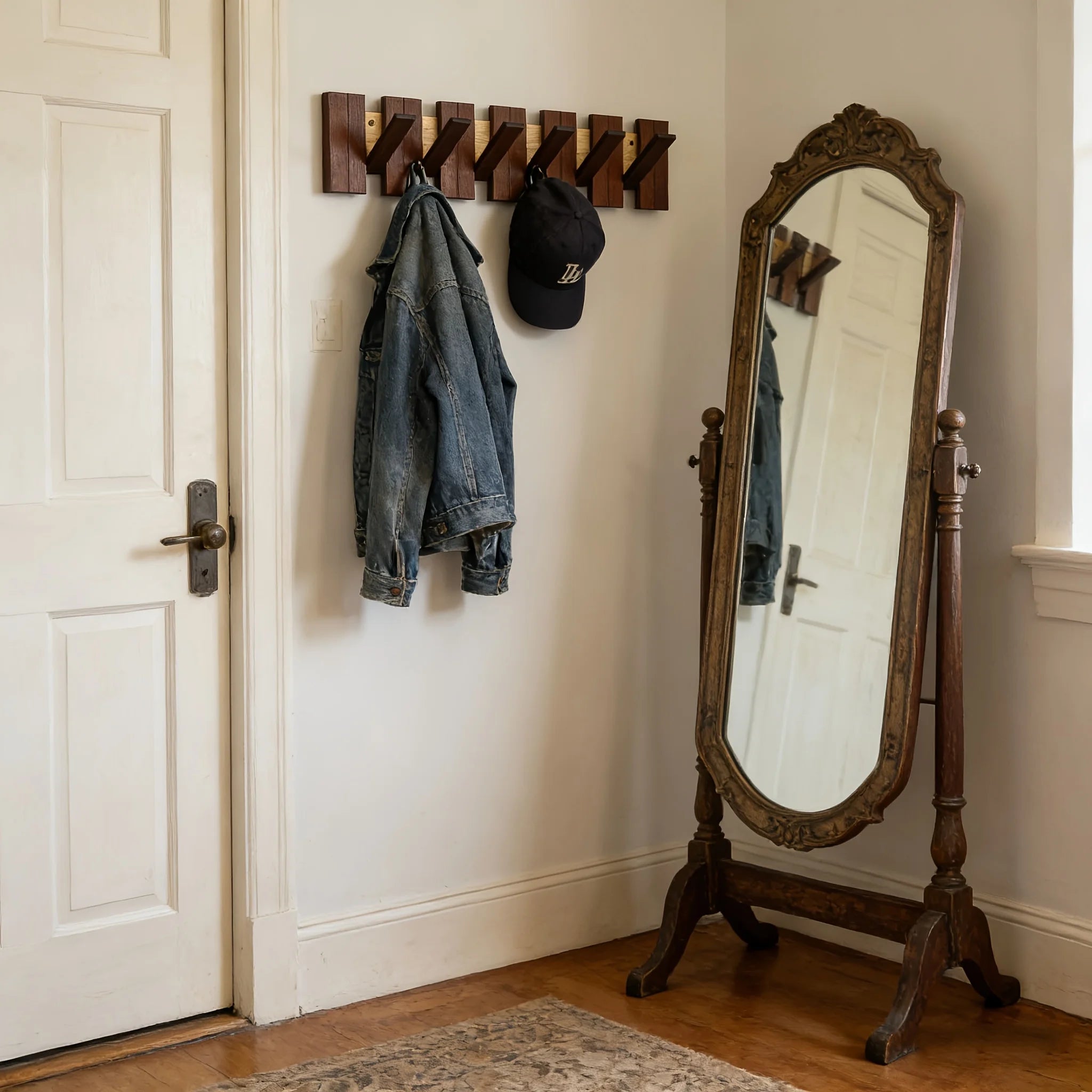 A Wooden Coat Rack with 4/6 Hooks, Featuring a Wall-mounted Piano Key Design and Foldable Hooks,Multifunctional Household Hook