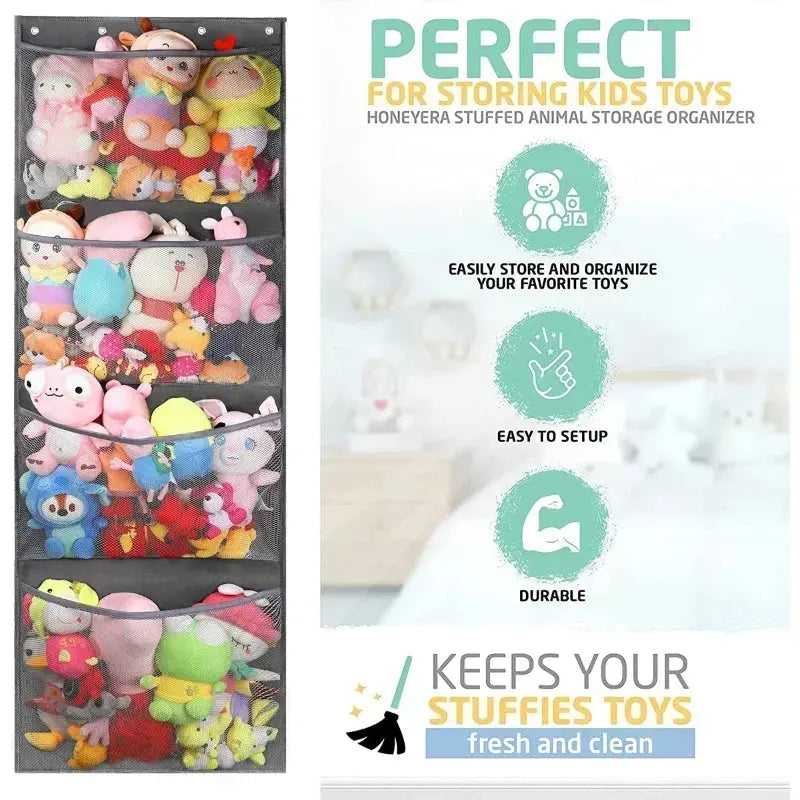New Stuffed Storage Bag Over The Door Stuff Animals Organizer Hanging Mesh Bags 4 Large Pockets for Baby Plush Toys Kids Storage