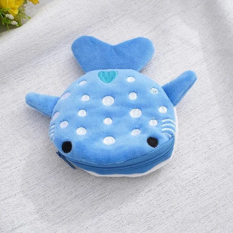 New Cartoon Shark Plush Coin Purse Cute Coin Holder with Keyring Data Cable Organiser Zippered Pouch Small Gift