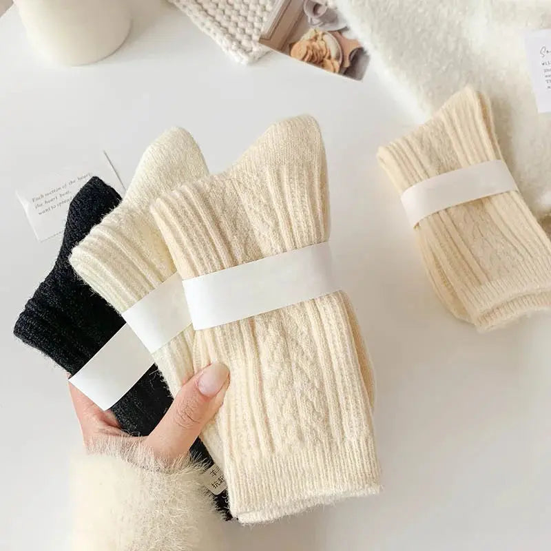 6 Pairs/Lot New Cashmere Wool Socks Women's Winter Thicken Warm Black White Pack Set Thermal Japanese Fashion Solid Color