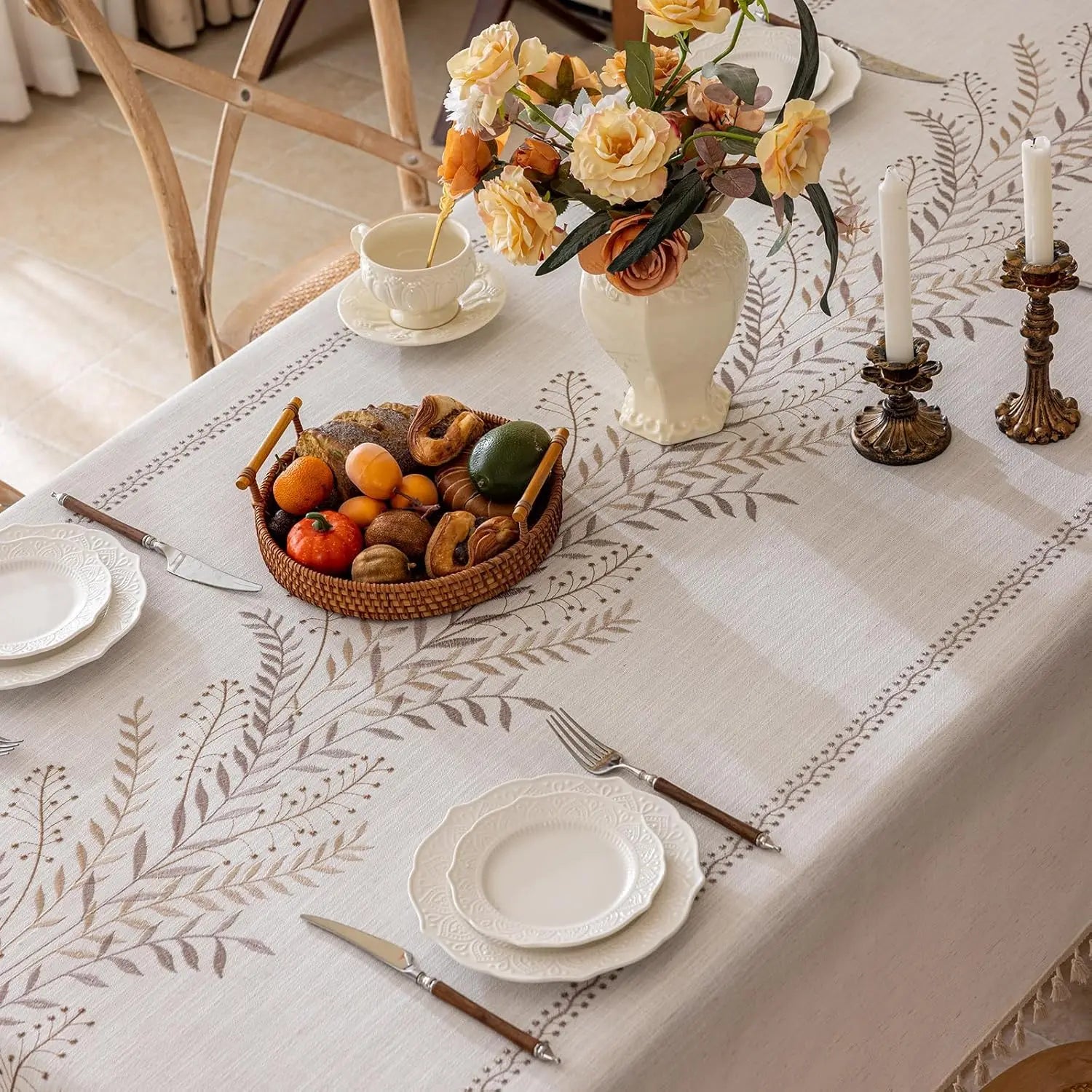Rustic Cotton Linen Tablecloth, Heavy Weigh Embroidery Table Cloth for Rectangle, Farmhouse Spill-Proof Table Cover with Tassels
