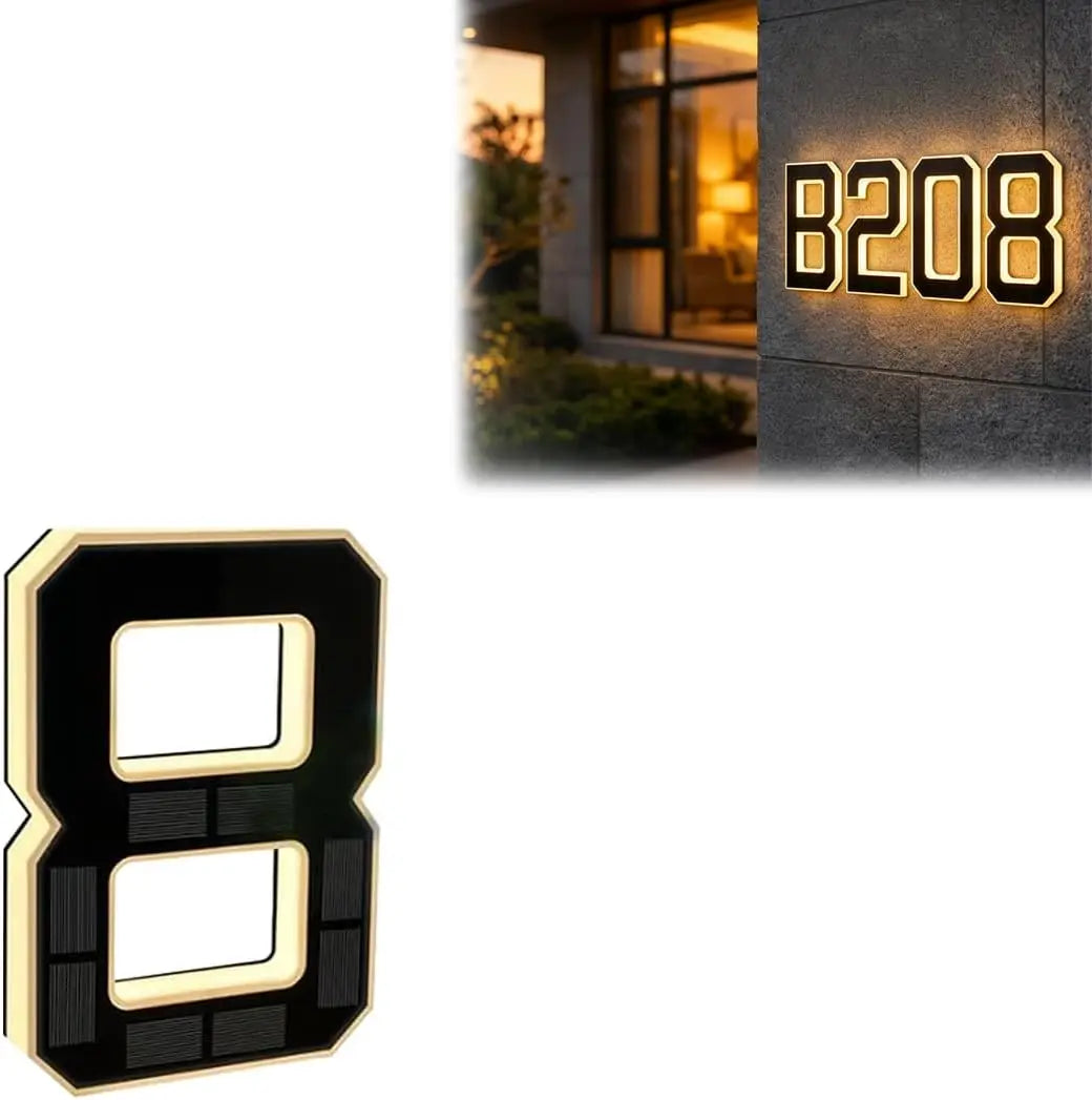 Solar Lighted House Numbers for Outside LED Illuminated Address Plaque Auto OnOff IP44 Waterproof Wall Mount