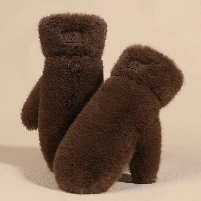 Winter Thickened Warm Imitation Rabbit Fur Gloves Warm Simple Windproof Soft Full-finger Gloves Riding Skiing Outdoor Gloves