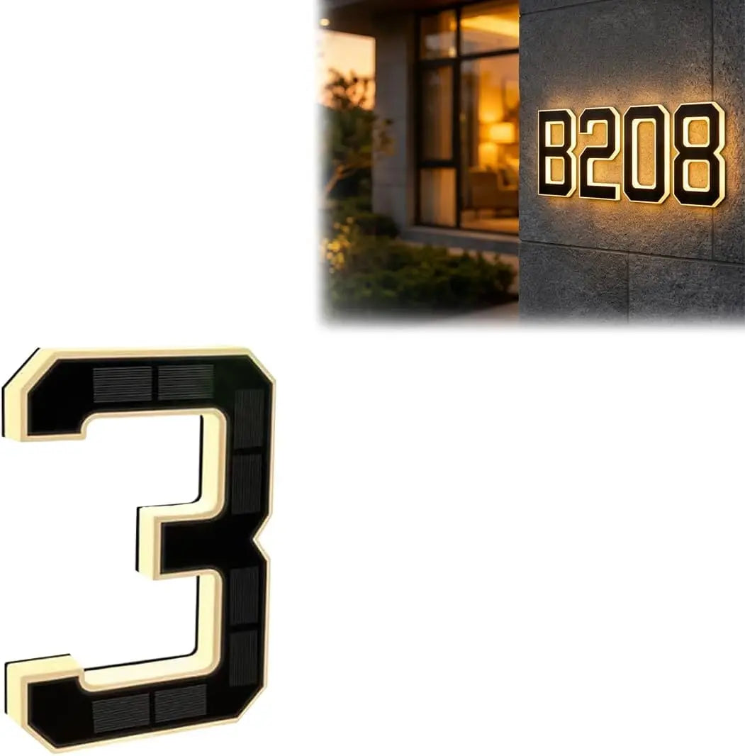 Solar Lighted House Numbers for Outside LED Illuminated Address Plaque Auto OnOff IP44 Waterproof Wall Mount