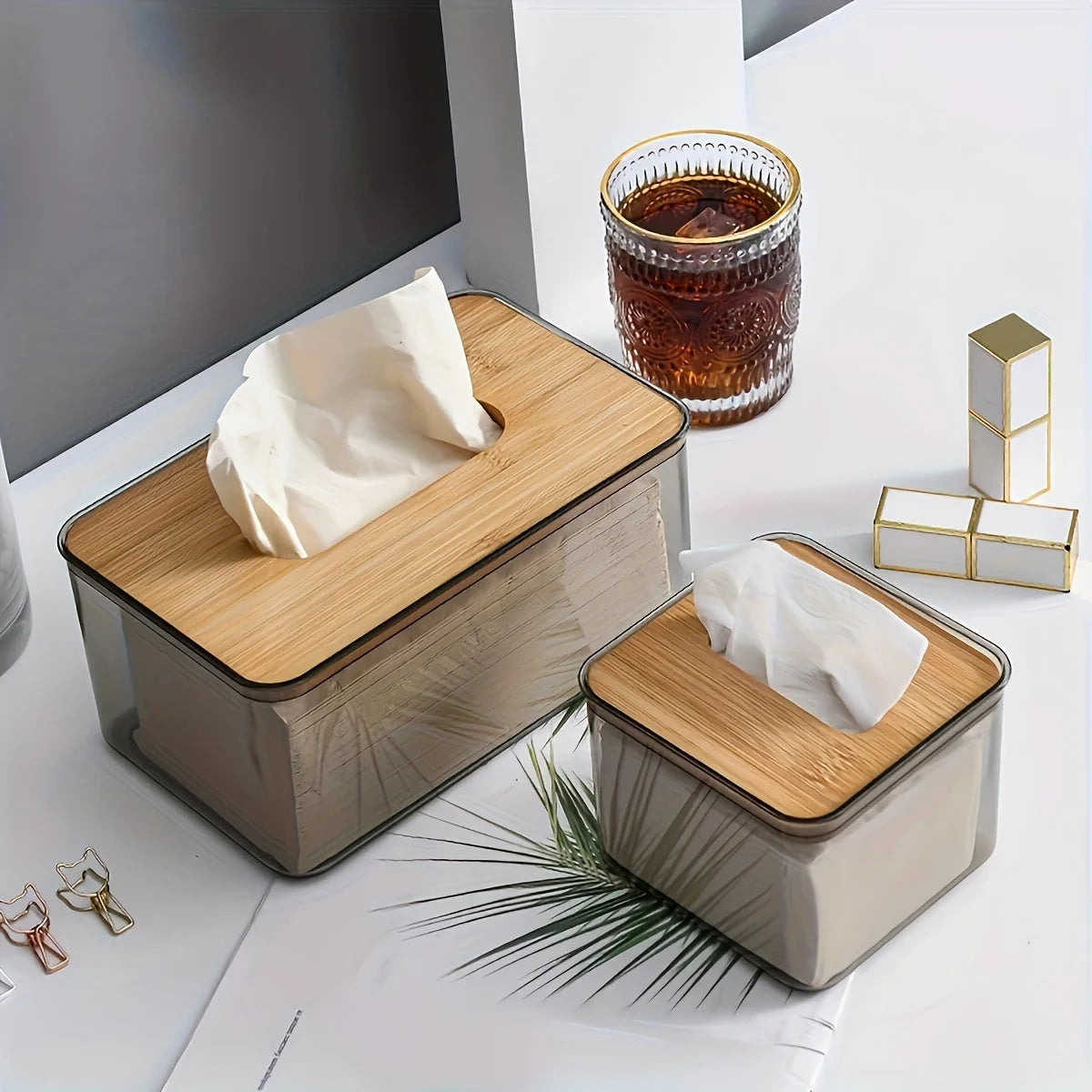1pc-Multifunctional Tissue Holder Paper Box With Bamboo Cover Transparent Container Living Room Bedroom Tissue Storage Box