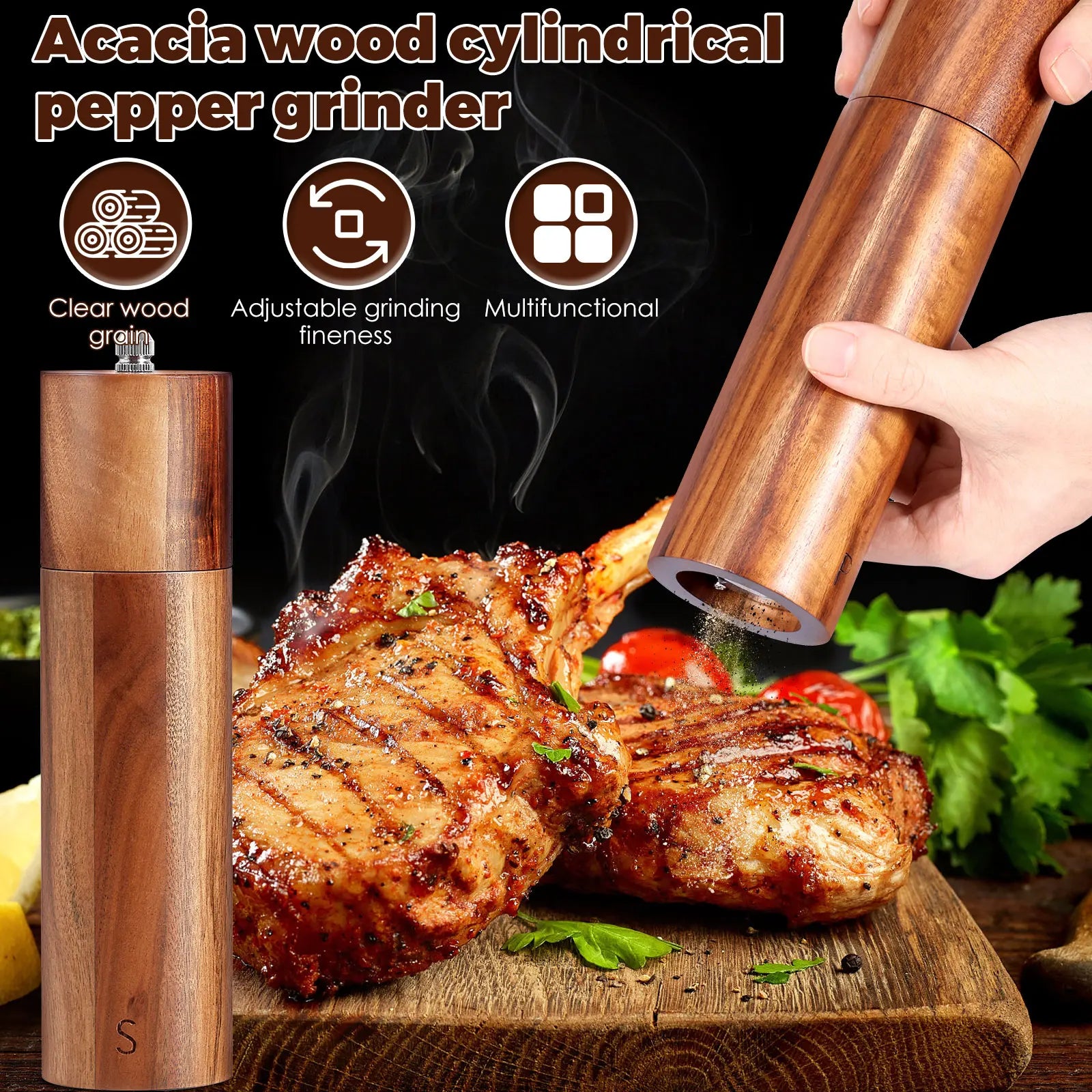 2 Pcs Wooden Pepper Grinder Manual Spice Grinder Adjustable Coarseness Sea Salt Grinders Bottles for Cooking Kitchen Accessories