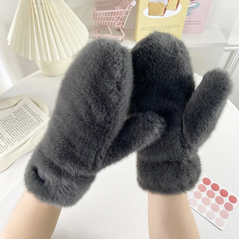 Winter Thickened Warm Imitation Rabbit Fur Gloves Warm Simple Windproof Soft Full-finger Gloves Riding Skiing Outdoor Gloves