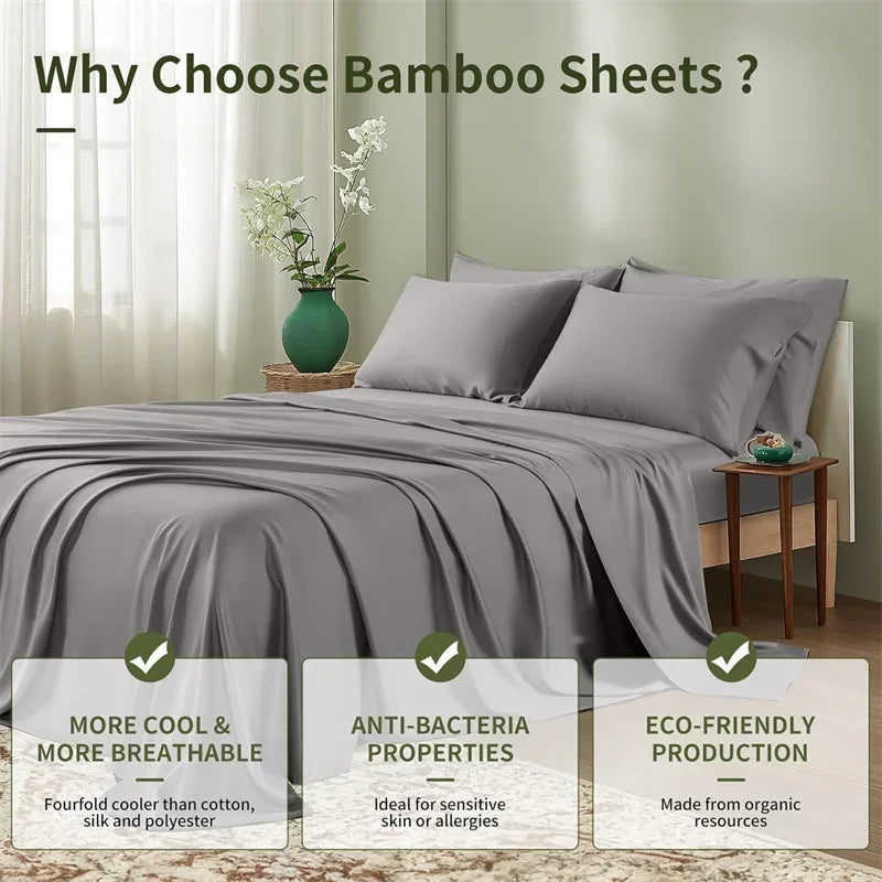 100% Bamboo Bed Sheets Set Luxury Soft, Silky, Breathable Fitted Sheet Flat Top Sheets Pillowcase Hotel 4/6 Pieces Bedding Set