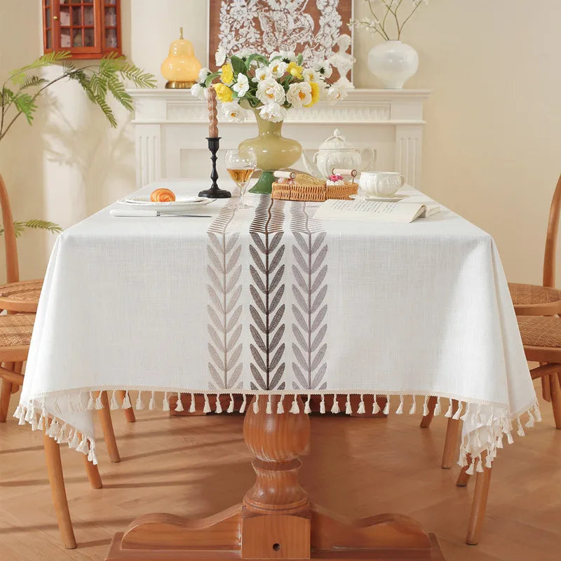 Rustic Cotton Linen Tablecloth, Heavy Weigh Embroidery Table Cloth for Rectangle, Farmhouse Spill-Proof Table Cover with Tassels