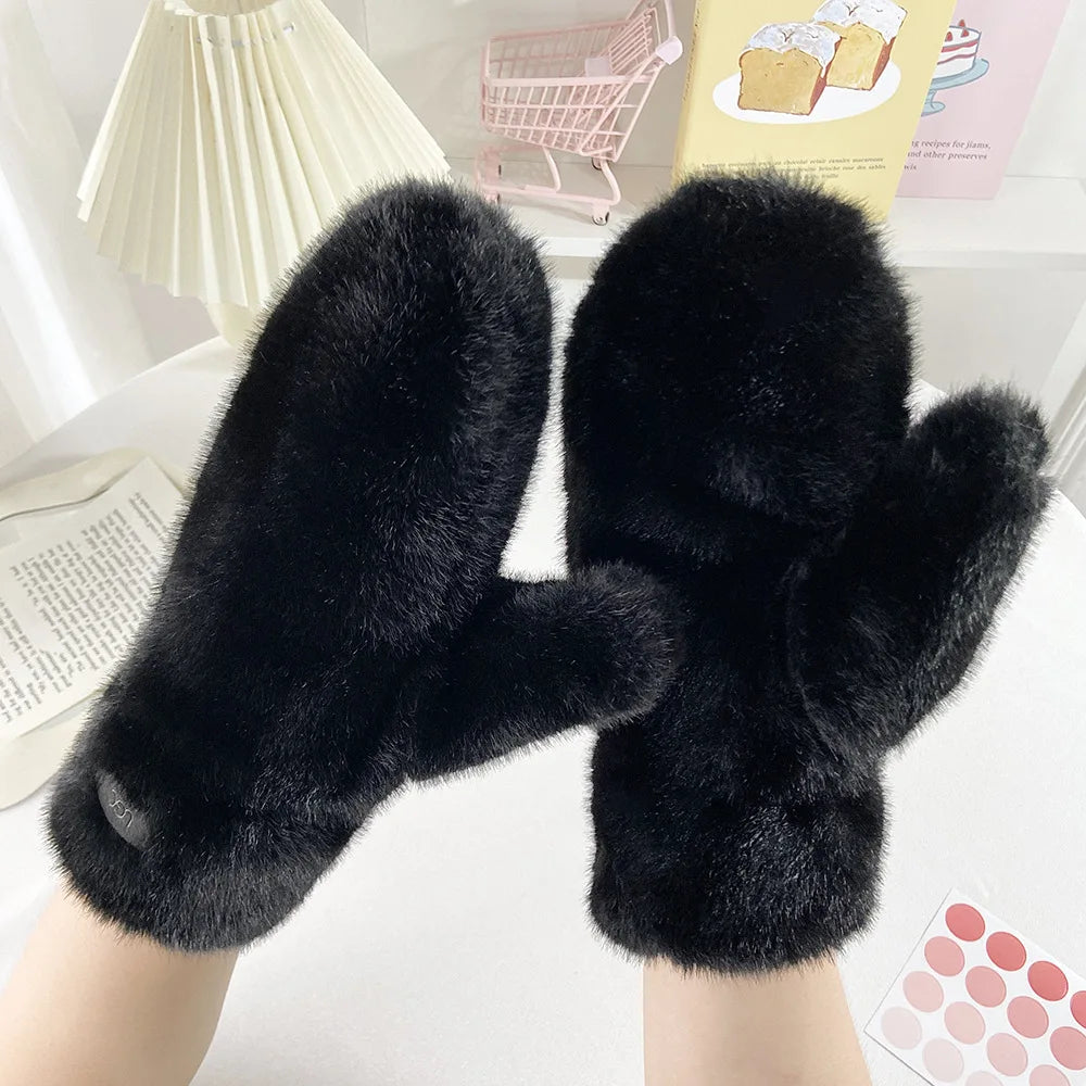 Winter Thickened Warm Imitation Rabbit Fur Gloves Warm Simple Windproof Soft Full-finger Gloves Riding Skiing Outdoor Gloves