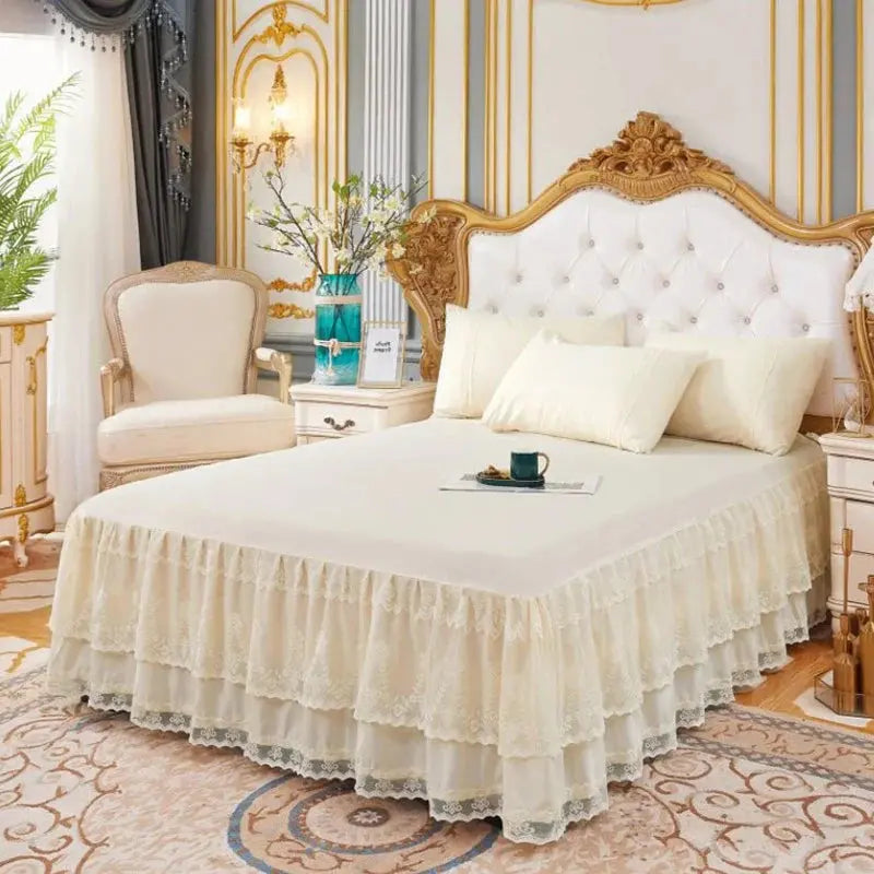 New 3 Layers Bed Skirt Lace Ruffled Bed Skirt Couvre Lit Bedroom Bed Cover Bed Skirt Non-slip Mattress Cover Bedsheet Bedspread