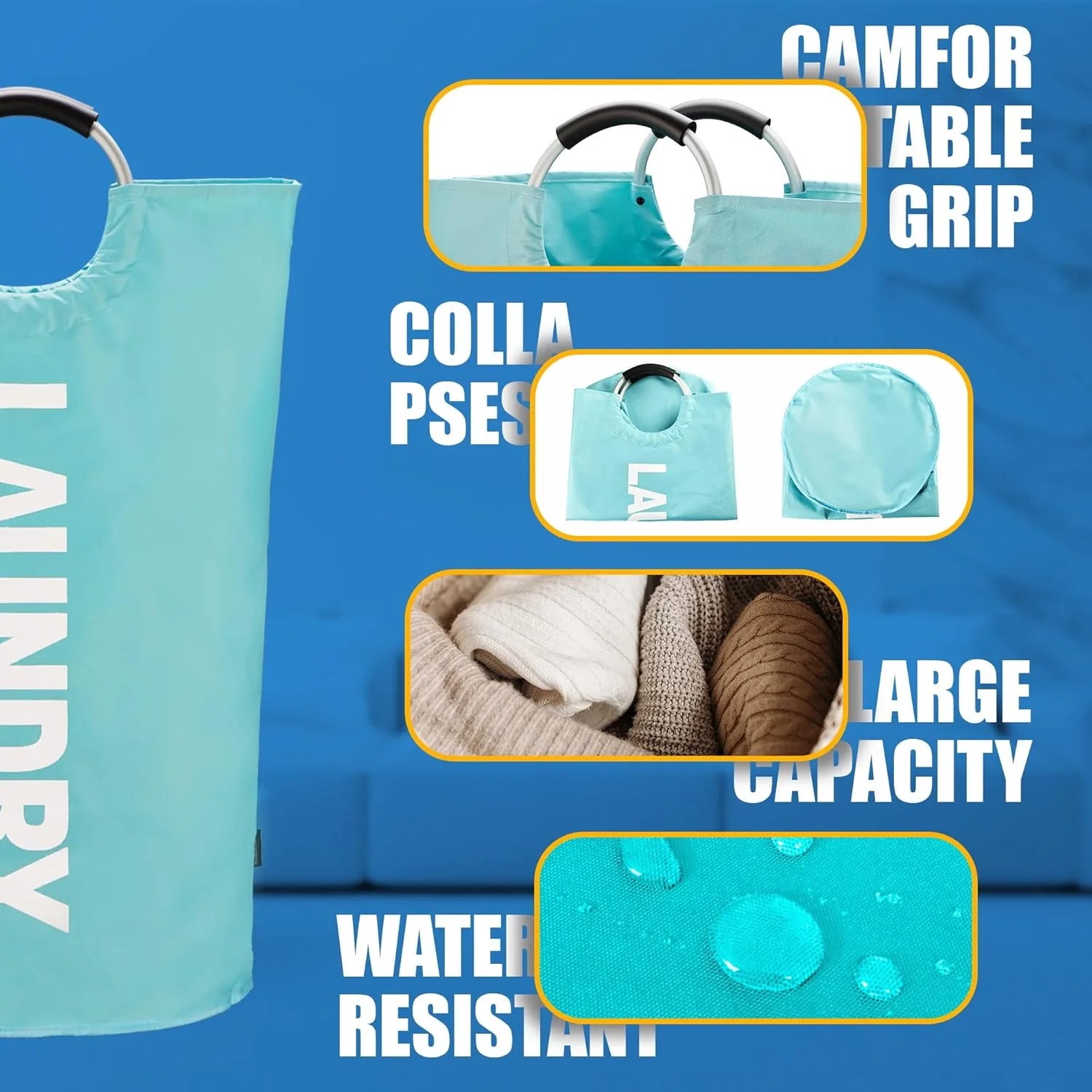 Large Laundry Basket, Laundry Hamper Stands Up Well, Laundry Bag with Padded Handles, Waterproof Clothes Bin Collapsible