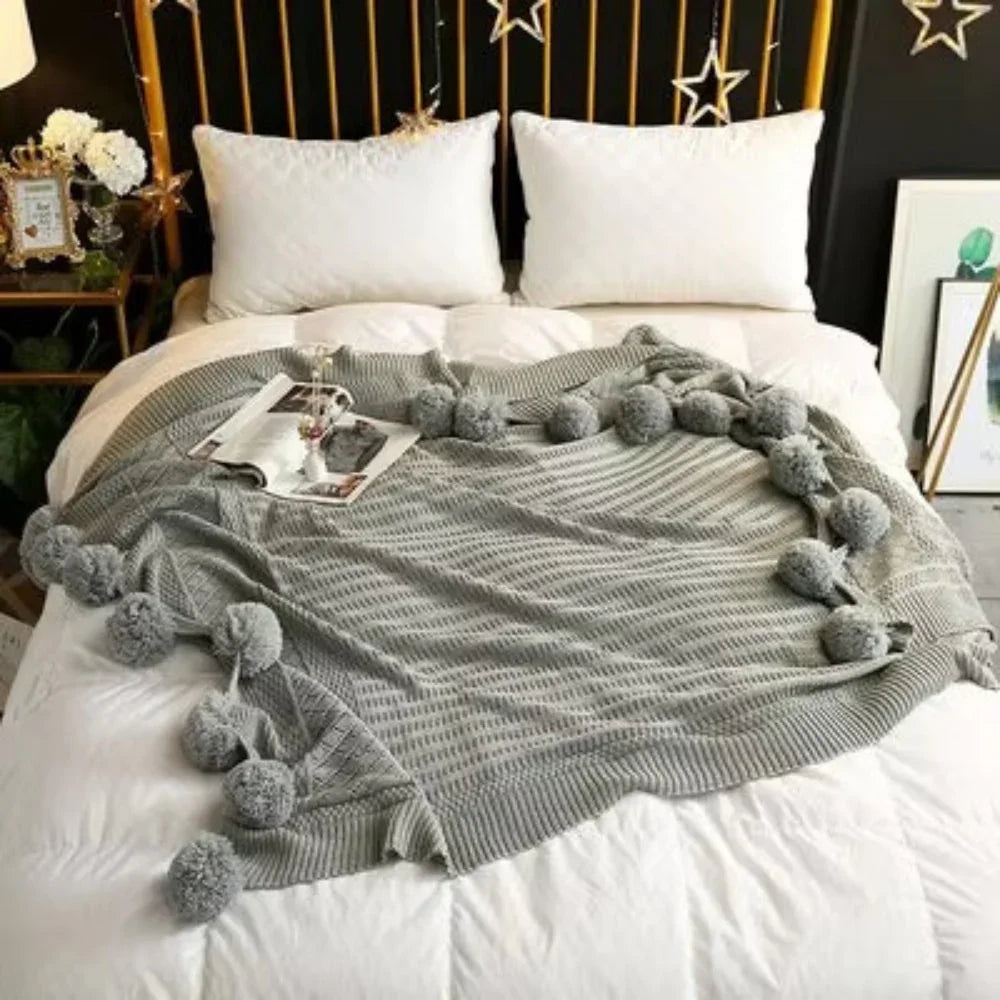 Goodinary® Cotton Cashmere Crochet Pom Ball Blanket