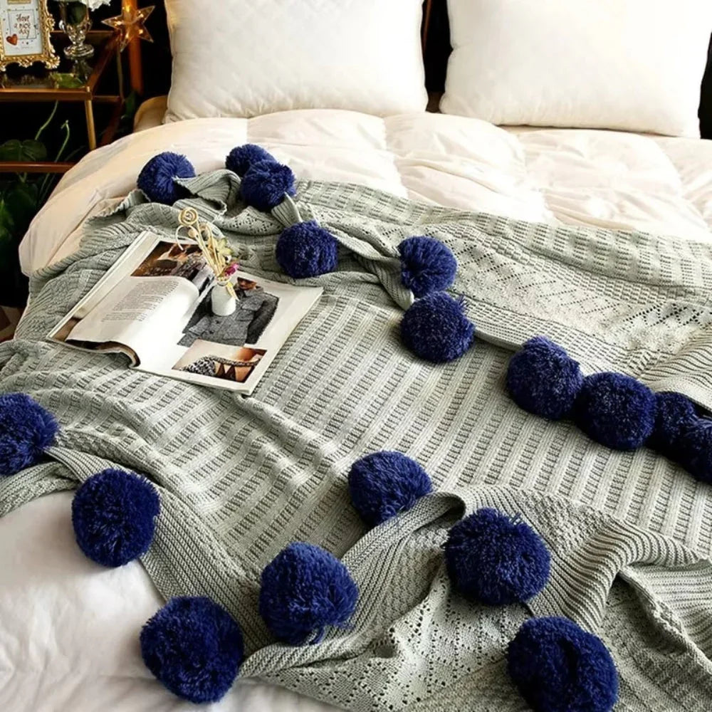Goodinary® Cotton Cashmere Crochet Pom Ball Blanket