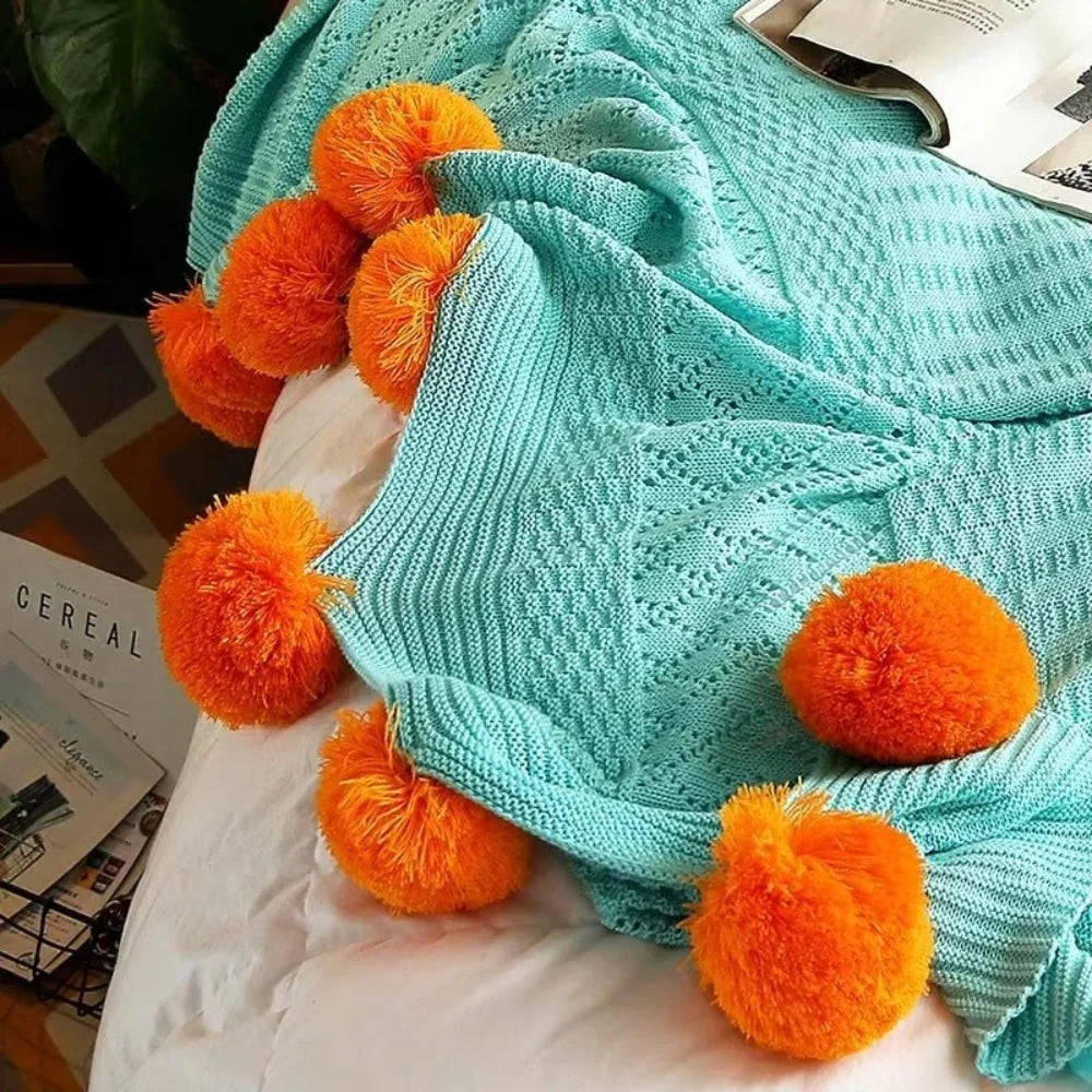 Goodinary® Cotton Cashmere Crochet Pom Ball Blanket
