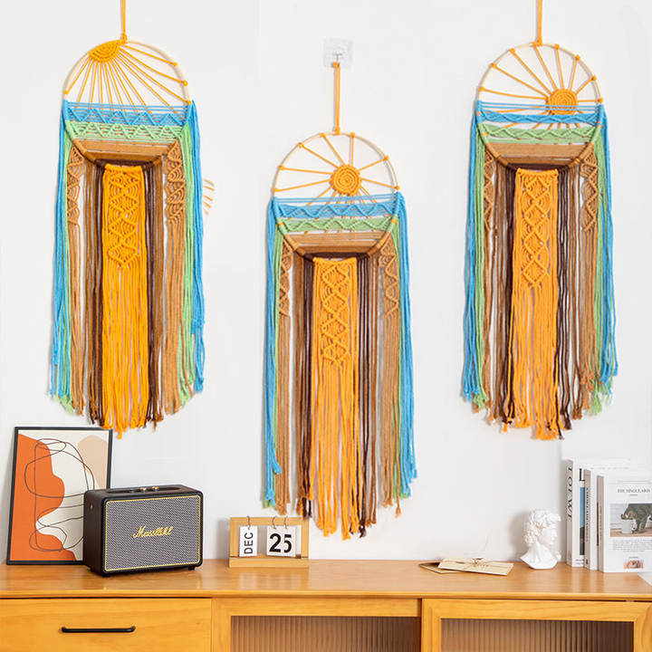 Boho Macrame Sunrise Sunset Wall Art Dream Catcher Hangings Wall Tapestry for Bedroom Living Room Decoration 25*70cm