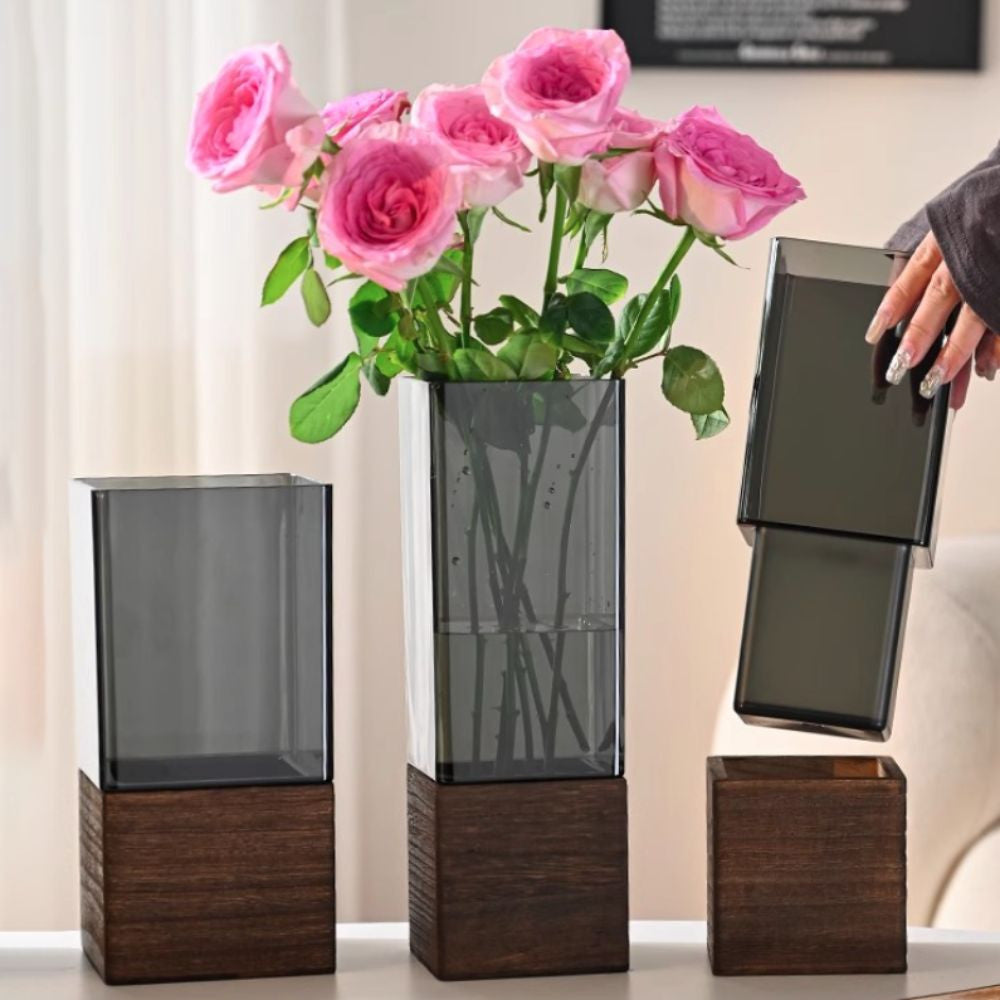 Goodinary® Square Wooden-Base Acrylic Vase