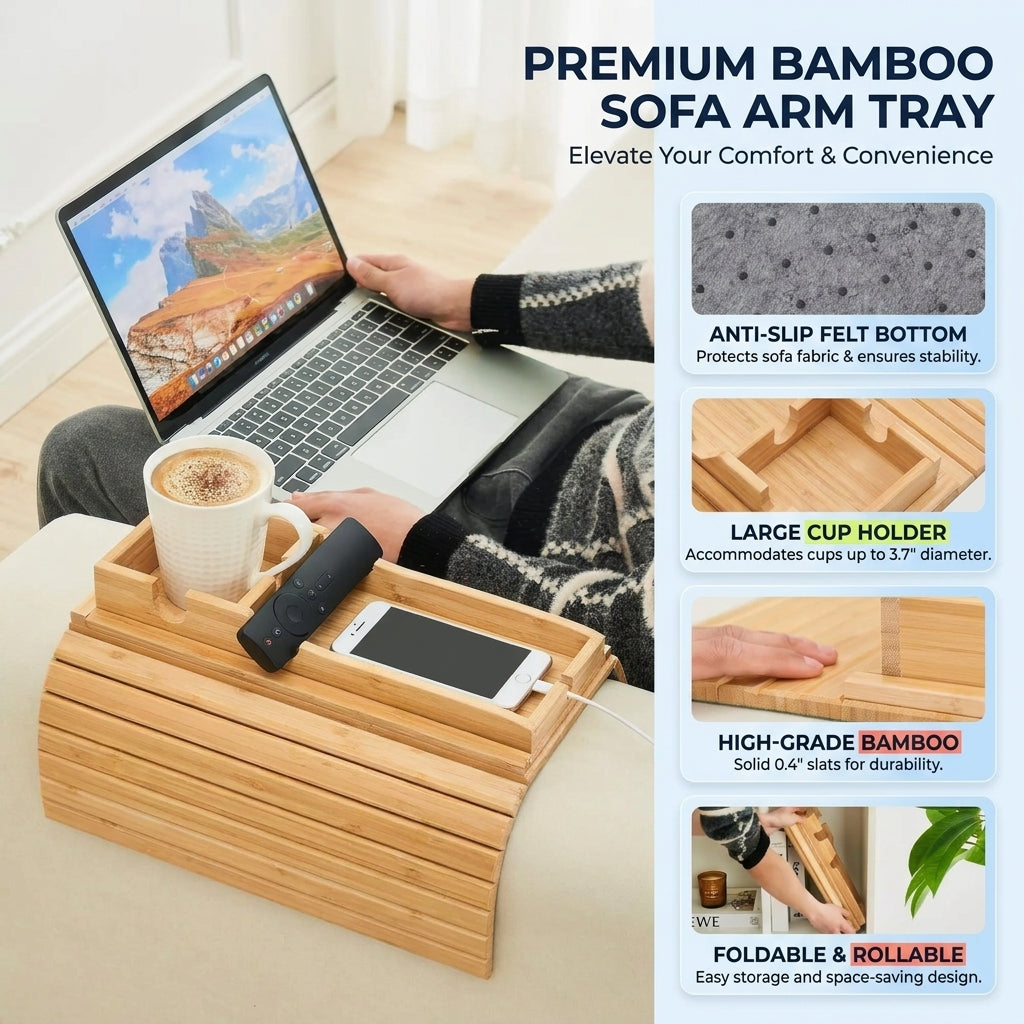 Goodinary® Foldable Bamboo Sofa Armrest Tray