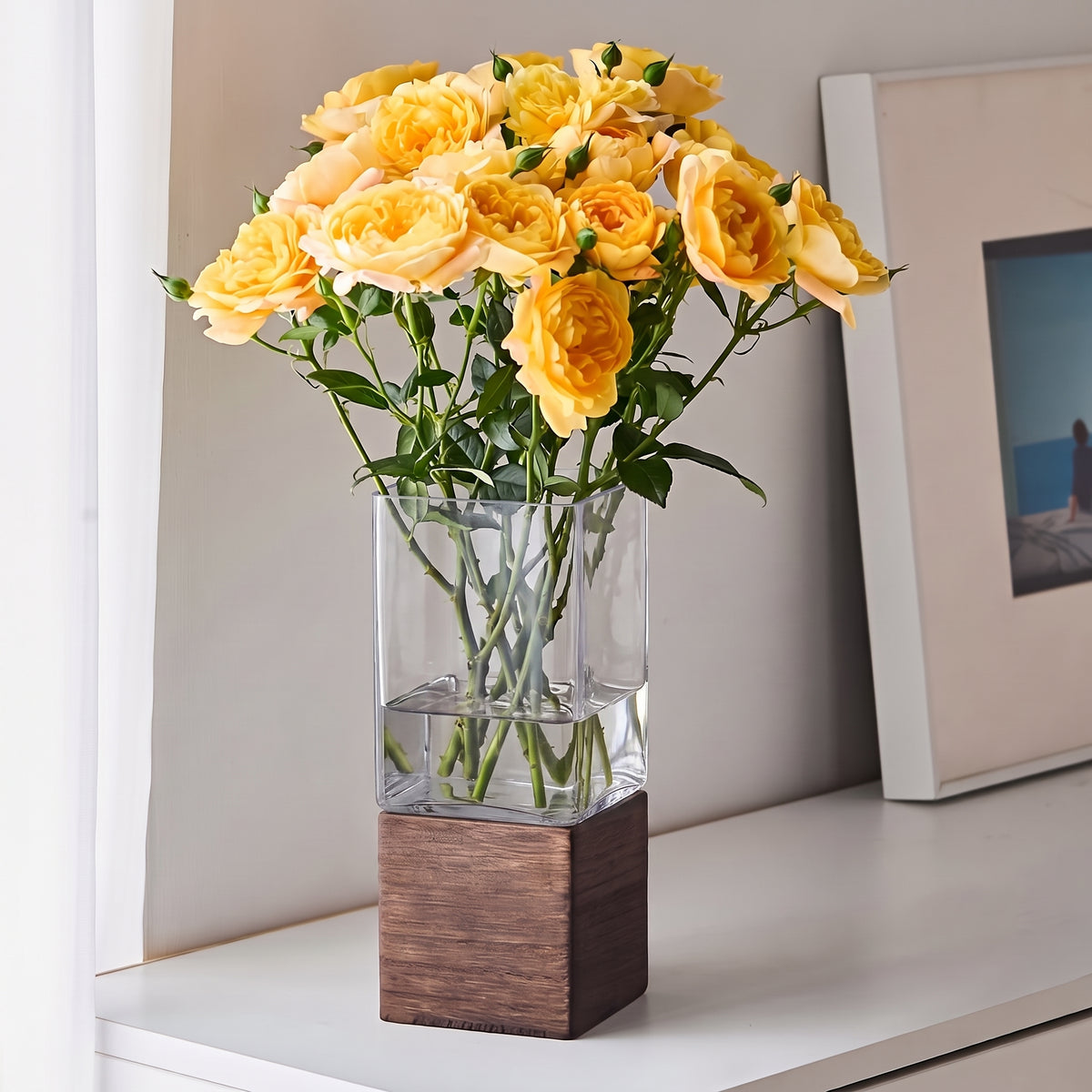 Goodinary® Square Wooden-Base Acrylic Vase