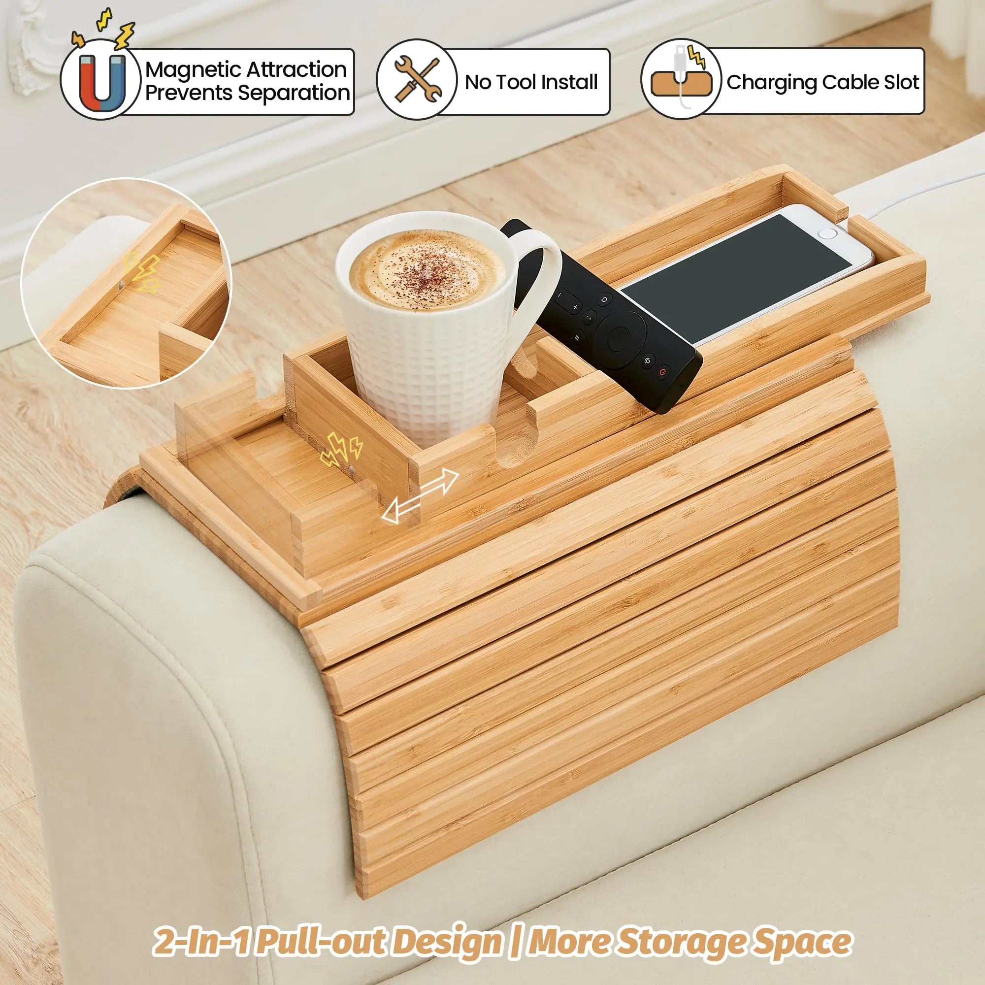 Goodinary® Foldable Bamboo Sofa Armrest Tray Goodinary